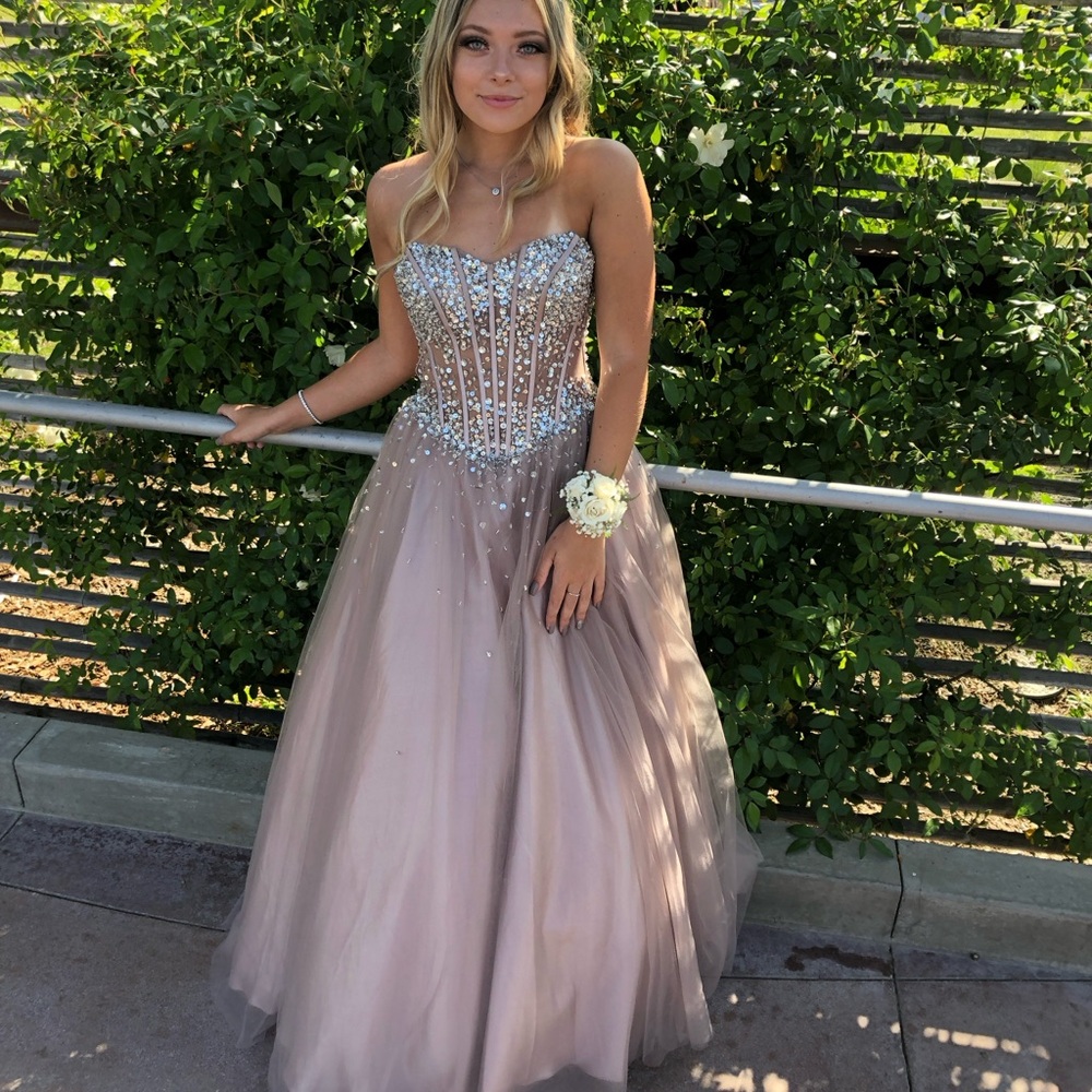 Camille La Vie Pink Embellished Tiered Prom Gown